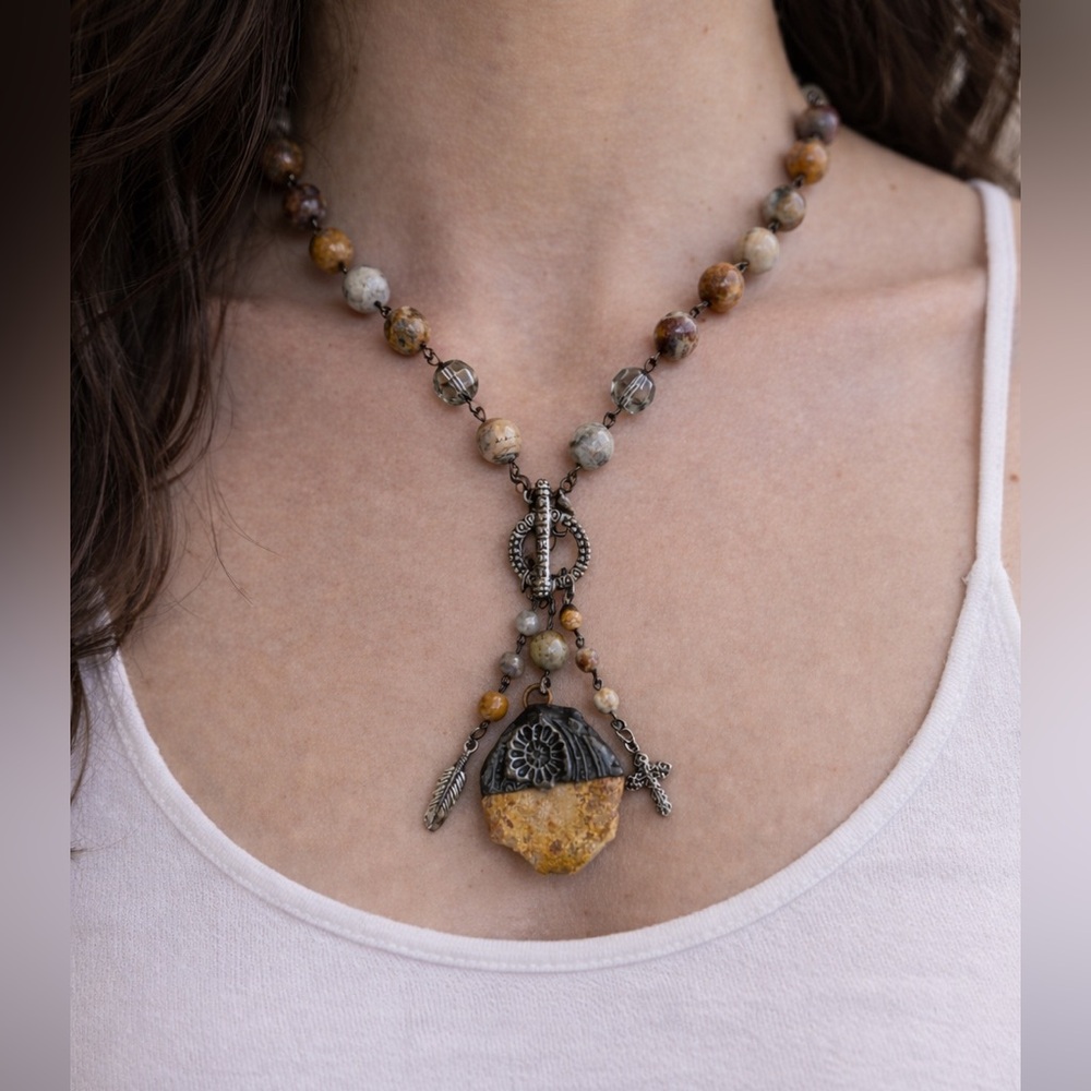 Natural Stone Picture Jasper Rosary Chain Necklace